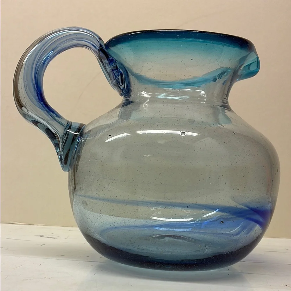 Hand Blown Blue Swirl Pitcher W/ Applied Handle Elegant Blue Glass Pitcher